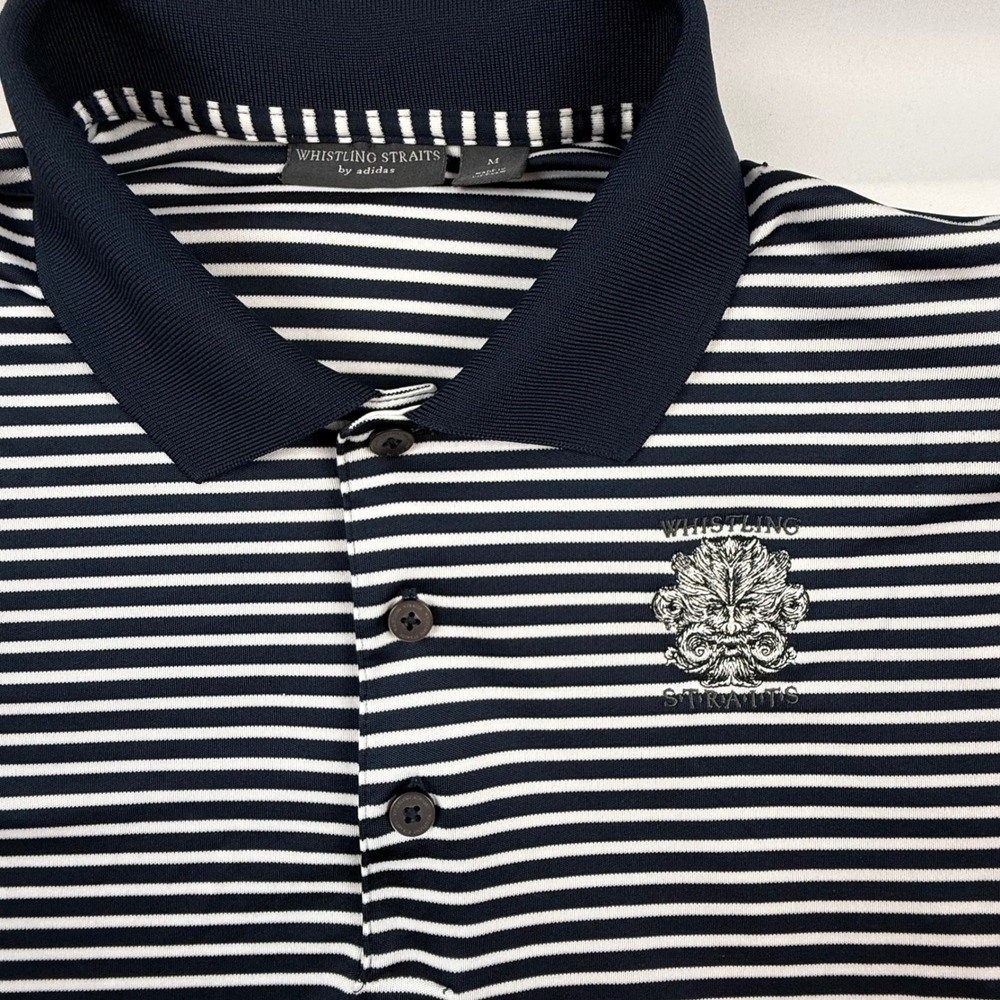 Adidas Whistling Straits Mens Navy Blue White Striped Golf Polo Shirt Size M - Picture 3 of 10